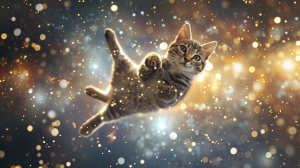 Obraz na płótnie Canvas cat jumping on the galaxy sky 