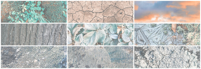 Set of panoramic natural backgrounds. A collection of background textures including photos of the sky, rock surfaces, tree trunks, cracked ground and frost-covered leaves. Bundle of wide backgrounds.