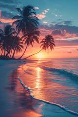 Fototapeta na wymiar A deserted beach with palm trees at sunset