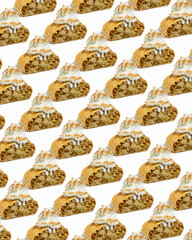 Apple strudel with ice cream on a white background pattern