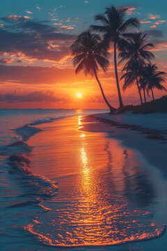 A deserted beach with palm trees at sunset