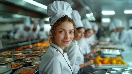 A confident female chef stands out with a pleasant smile as she leads her culinary team in a busy professional kitchen environment.