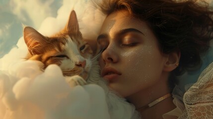 Woman with a cat on a cloud generative ai