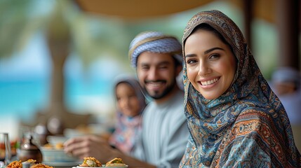 islamic family eating together at outdoor restaurant on arabian beach - obrazy, fototapety, plakaty