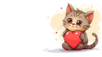 Fototapeta premium Small tabby kitten holding a bright red heart shape to convey themes of love and compassion for seasonal greeting cards and commercial advertising projects.