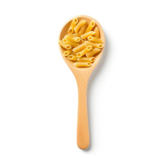 Italian uncooked pasta in wooden spoon isolated on white