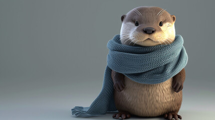Obraz premium A curious otter wearing a warm blue scarf stands centered against a neutral grey backdrop for use in winter fashion advertisements or festive seasonal marketing campaigns.
