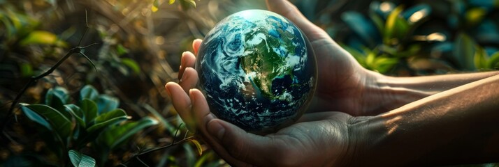 Human hands holding Earth globe over green grass