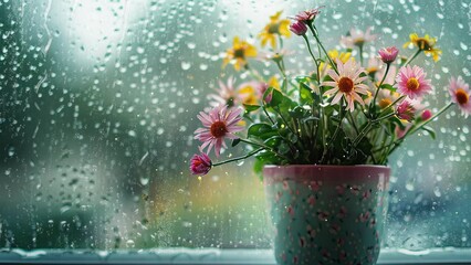 flowers in a cup on the window on a rainy day. seamless looping overlay 4k virtual video animation background