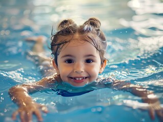 Fototapeta na wymiar Active cute little child enjoying aqua gym class in swimming pool, healthy parenting lifestyle with kids doing aqua fit sports.