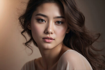 portrait of a young woman with a gentle expression and striking features. Korean woman with soft skin and wavy brown hair