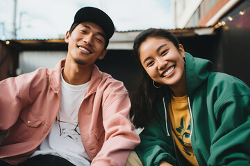 portrait of two young asian people outdoors smiling, happy, close friends, couple, wearing casual fashion clothes, streetwear, green hoodie, pink jacket tshirts, cap, friendship relationship diversity