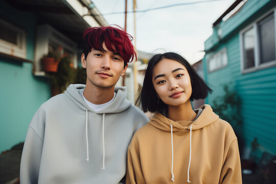 portrait of a young couple in the city, gentle smile, asian girl, red dyed hair, wearing yellow and gray hoodies,, relationship diversity cheerful, in love 