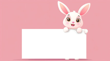 Obraz premium Cute white bunny rabbit holding a blank sign template for announcements and marketing messages isolated on a solid soft pink background.