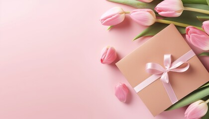 Obraz na płótnie Canvas Mother's Day Decorations background, Beautiful gift box and tulips on pink rose flower background
