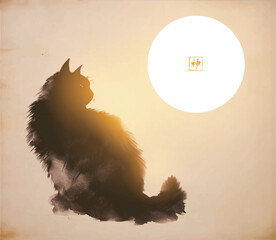 Silhouette of a black fluffy cat and big sun. Traditional oriental ink painting sumi-e, u-sin, go-hua. Translation of hieroglyph - spirit