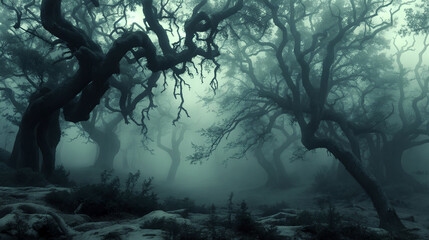 ethereal scene of gnarled, ancient oak trees enveloped in a dense, misty fog, creating an atmosphere of mystery and quietude - Halloween background - Generative AI