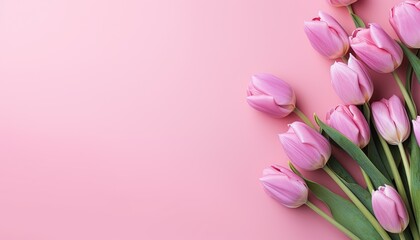 Fototapeta premium Pink tulips flower on pink background for Greeting card, background for banner