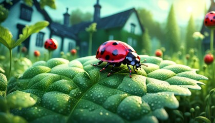 A close up illustration of a ladybug on a green leaf in a garden with a cute cottage in the background. 