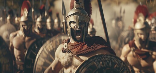 A hoplite sergeant barks orders to his soldiers their spears and shields at the ready to defend their homeland. - obrazy, fototapety, plakaty