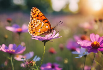 Obraz premium Orange butterfly on purple flower with soft-focus background in sunlight.