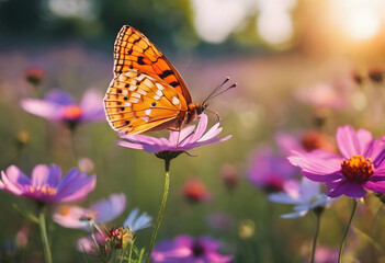 Orange butterfly on purple flower with soft-focus background in sunlight.