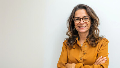 Middle age brunette business woman wearing glasses