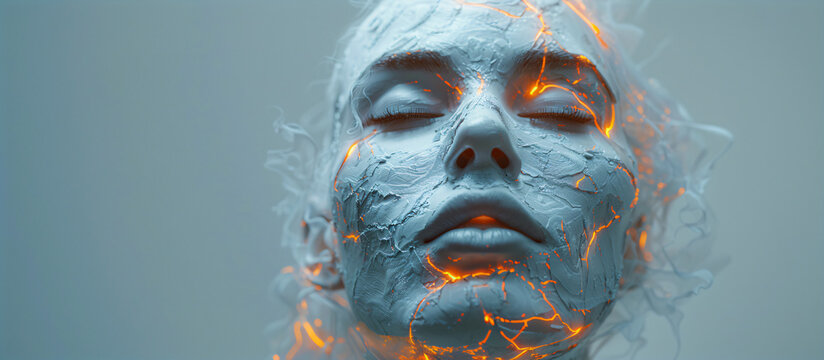 futuristic woman's face is fragmented and covered in white paint. Conceptual art 