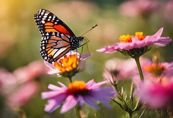 Monarch butterfly on a pink flower with a soft-focus background.