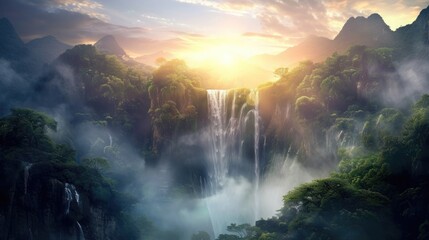 A magnificent waterfall tumbling down a mountainous setting, lit by the first rays of sunlight that...