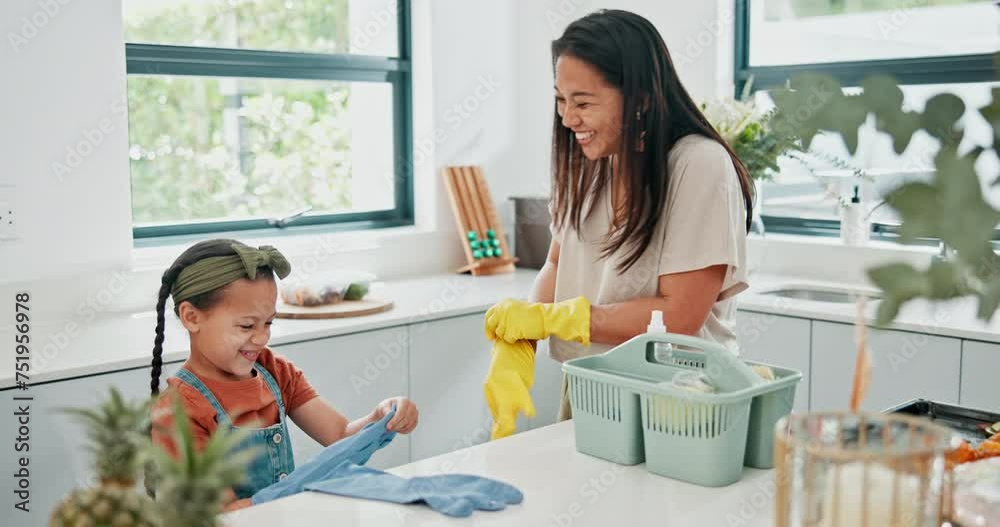 Wall mural Woman, child and gloves in kitchen to clean for health and safety to prevent bacteria in home. Mother, girl and ppe to learn life skills, remove dirt and disinfect counter for bonding together