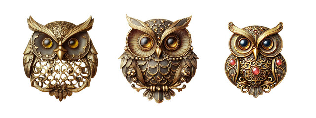 Vintage Gold Owl Brooch, Intricate Design 3-set Transparent background 