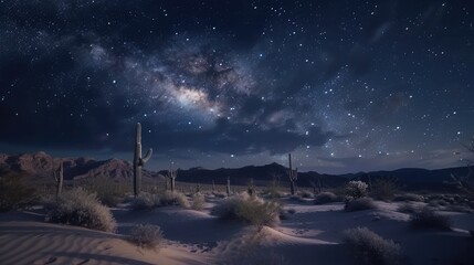 A night sky in a remote desert, with a clear view of the Milky Way arching over a landscape of sand...
