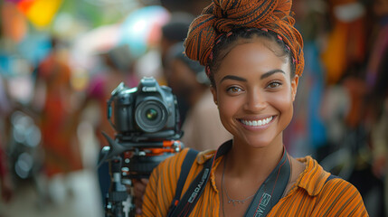 A beautiful and cheerful young photographer with a captivating smile engages with a diverse clientele in her well lit photography studio.