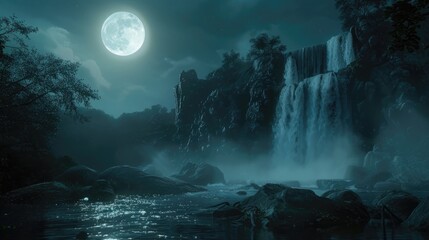 a scene at night where a waterfall is illuminated by the full moon, producing a calm and enchanted effect as the moonlight reflects off the water. 