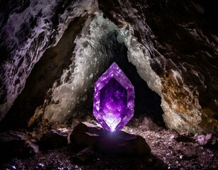 洞窟で見つけた紫色に輝く鉱石 - obrazy, fototapety, plakaty