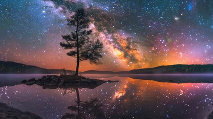 A panoramic photograph capturing the brilliant spectrum of colors and stars in the Milky Way, perfectly mirrored in a lake. The image is given depth and perspective by the silhouette of a lone tree on
