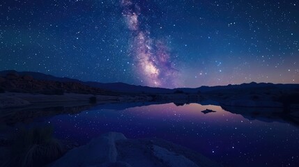 A panoramic night scene featuring the Milky Way's luminous band over a desert lake, where the still...