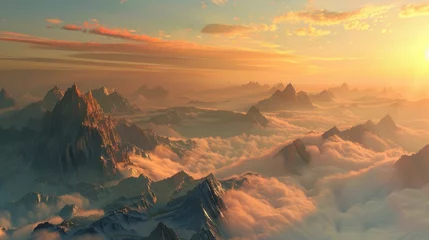 Deurstickers A panoramic scene of a mountain range at sunrise, with the peaks emerging above a sea of fog, highlighted by the golden hues of the rising sun. 8k © Muhammad