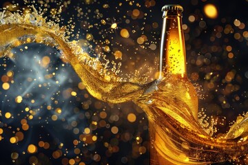 A bottle of beer with A beautiful viscous golden liquid beer swirling. Generative AI. - obrazy, fototapety, plakaty