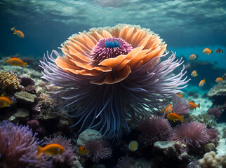 Fototapeta premium A majestic Sea Anemone the crystal clear waters of a vibrant blue ocean reef, surrounded by a colorful array of tropical fish.