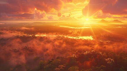 A panoramic shot of the Amazon basin at sunrise, showcasing the vast expanse of the rainforest awakening to the day, with the sky painted in hues of orange, pink, and gold. 8k