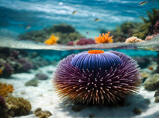 A majestic Sea Urchin the crystal clear waters of a vibrant blue ocean reef, surrounded by a colorful array of tropical fish.