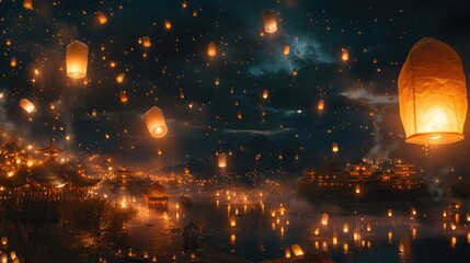 a broad shot of a lantern festival, where thousands of lanterns are suspended in the night sky to create an amazing show of hope and light.  - obrazy, fototapety, plakaty
