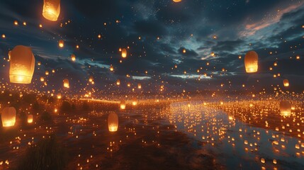 A panoramic view of a lantern festival, with thousands of lanterns floating up into the night sky