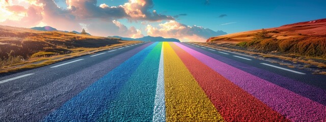 A road painted in vibrant rainbow colors stretching towards a sunny horizon, signifying hope and diversity.