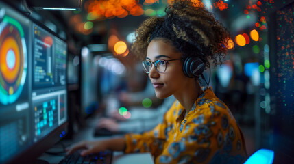 20s African american  woman wearing glasses and headphones, working on a computer. Software engineer 