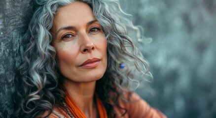 Confident mature woman with grey hair posing outdoors