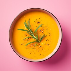Bowl of Homemade Pumpkin Soup with Rosemary on Pink Background