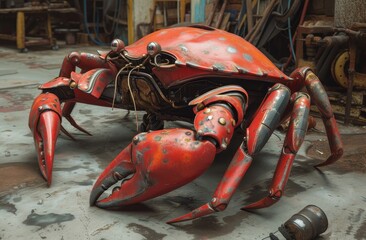 Mechanical crab sculpture in an industrial setting